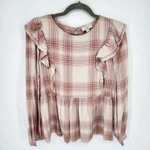 LOFT Plaid‎ Ruffle Peplum Blouse Women Size S Beige Mauve Tiered Long Sleeve Top